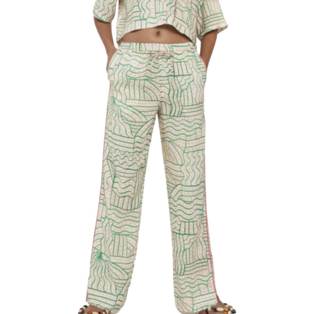 Zara Linen Blend Graffiti Print Pant XS Cream Green Pink Jogger Pajama Trouser